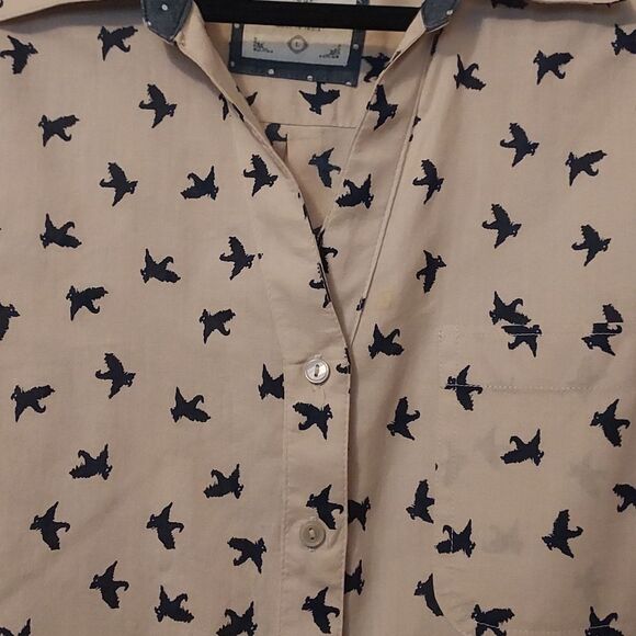Bird Print Button-Up Shirt Tan And Navy Size L - Picture 6 of 12